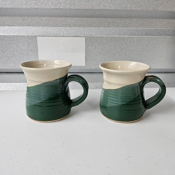 Handmade‎ Pottery Mugs Set of 2 Green Beige Ceramic Coffee Tea Cup Artist Sig - Picture 3 of 9